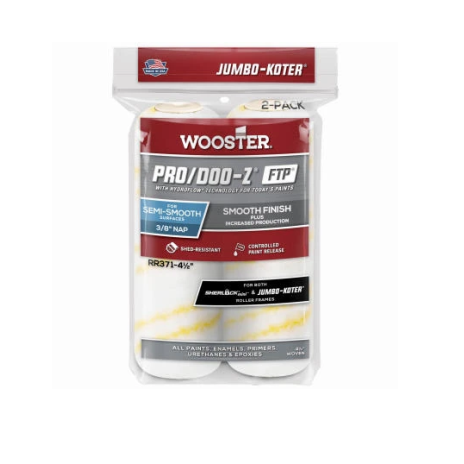 The image features the WOOSTER Jumbo-Koter 4-1/2 in. Pro/Doo-Z FTP Roller Cover 2-Pack, known for high capacity, semi-smooth surface compatibility, and a smooth finish with a 3/8 nap.